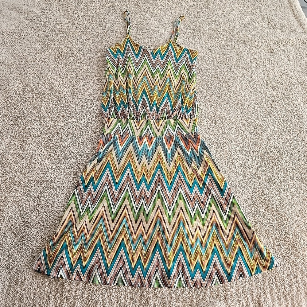 Veronica M Chevron Print Fit & Flare Strappy Dress Strechy Boho Hippie Sz XS